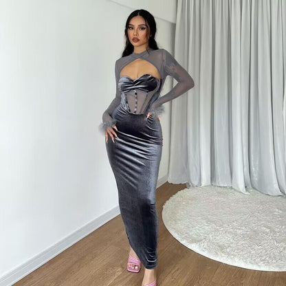 Fall Plush Mesh Stitching Night Club Hollow Out Cutout Dress Slim Fit Dress