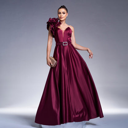 Elegant One Shoulder Diagonal Collar Cocktail Waist Controlled Large Hem Evening Dress Bridesmaid Dress