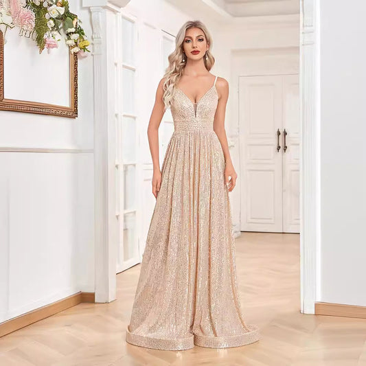 Sequined Backless Evening Dress Deep V Plunge neck Bridesmaid Dress Party Formal Dress Cocktail