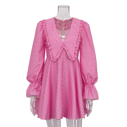 Pink Plaid Doll Collar Long Sleeve Dress GracefulA line Dress