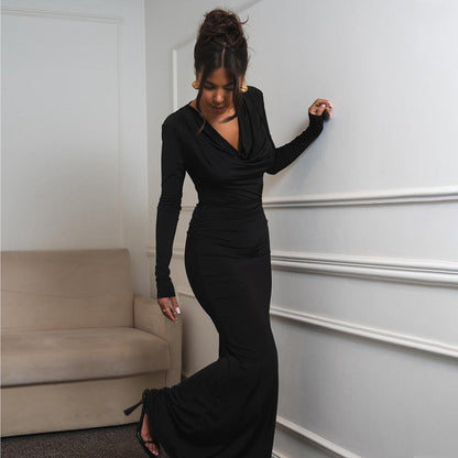 Swing Collar Long Sleeve Pleated Slim Sheath Dress