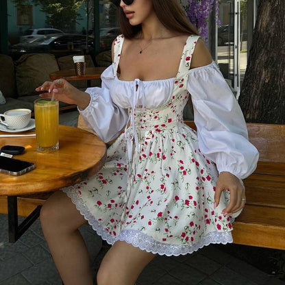 Bubble Sleeve Strap Tube Top Faux Two Piece French Dress Floral Cami Dress