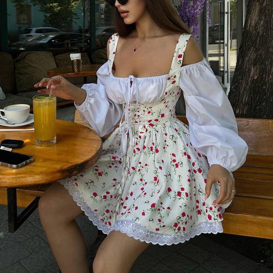 Bubble Sleeve Strap Tube Top Faux Two Piece French Dress Floral Cami Dress