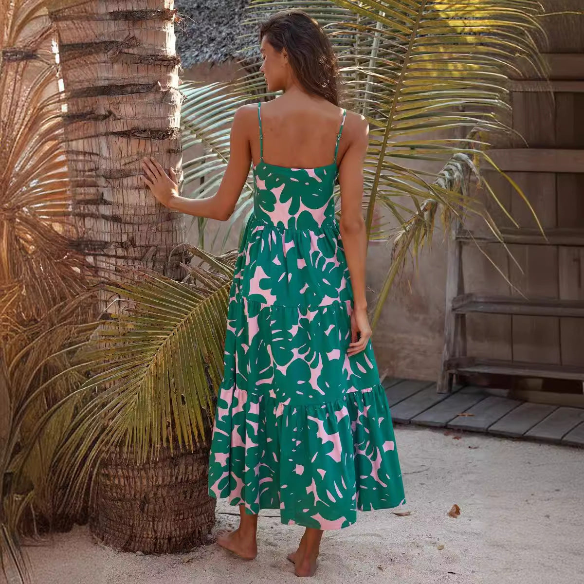 Sling Backless Plant Floral Print Maxi Dress