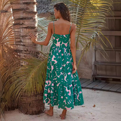 Sling Backless Plant Floral Print Maxi Dress