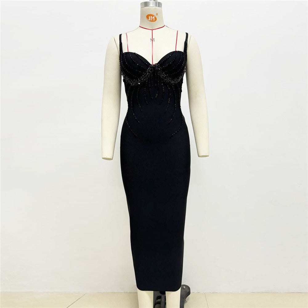 V neck Bead Diamond Strap Bandage Dress Ladies Party Annual Meeting Dress
