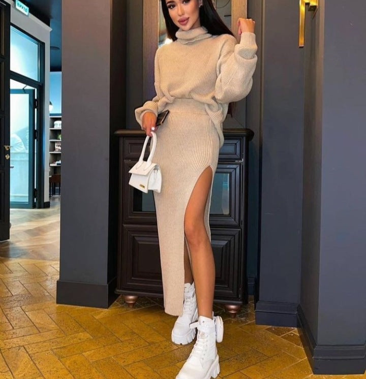 fall fashion trends Hot Sale Autumn and Winter New Turtleneck Loose Pullover Top Split Sexy Long Skirt Two-Piece Set