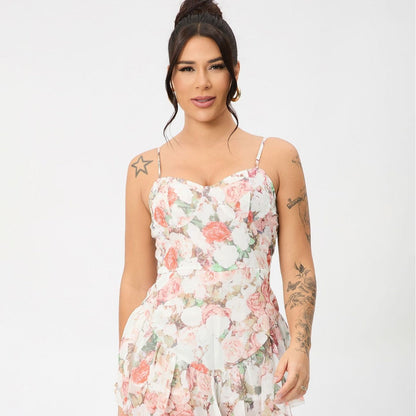 Floral Adjustable Shoulder Strap Ruffled Hem Mini Dress
