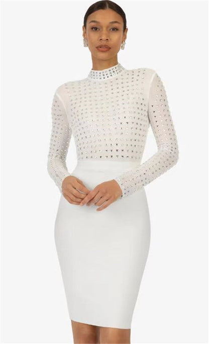 Mesh Stitching  Bandage One Piece Turtleneck Diamond Nightclub Party Dress
