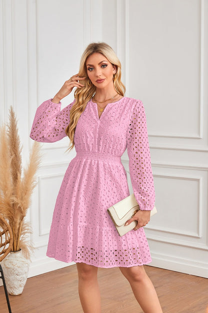 V Neck Hollow Out Cutout Eyelet Embroidery Pleated Long Sleeve Dress