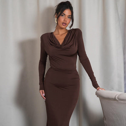 Swing Collar Long Sleeve Pleated Slim Sheath Dress