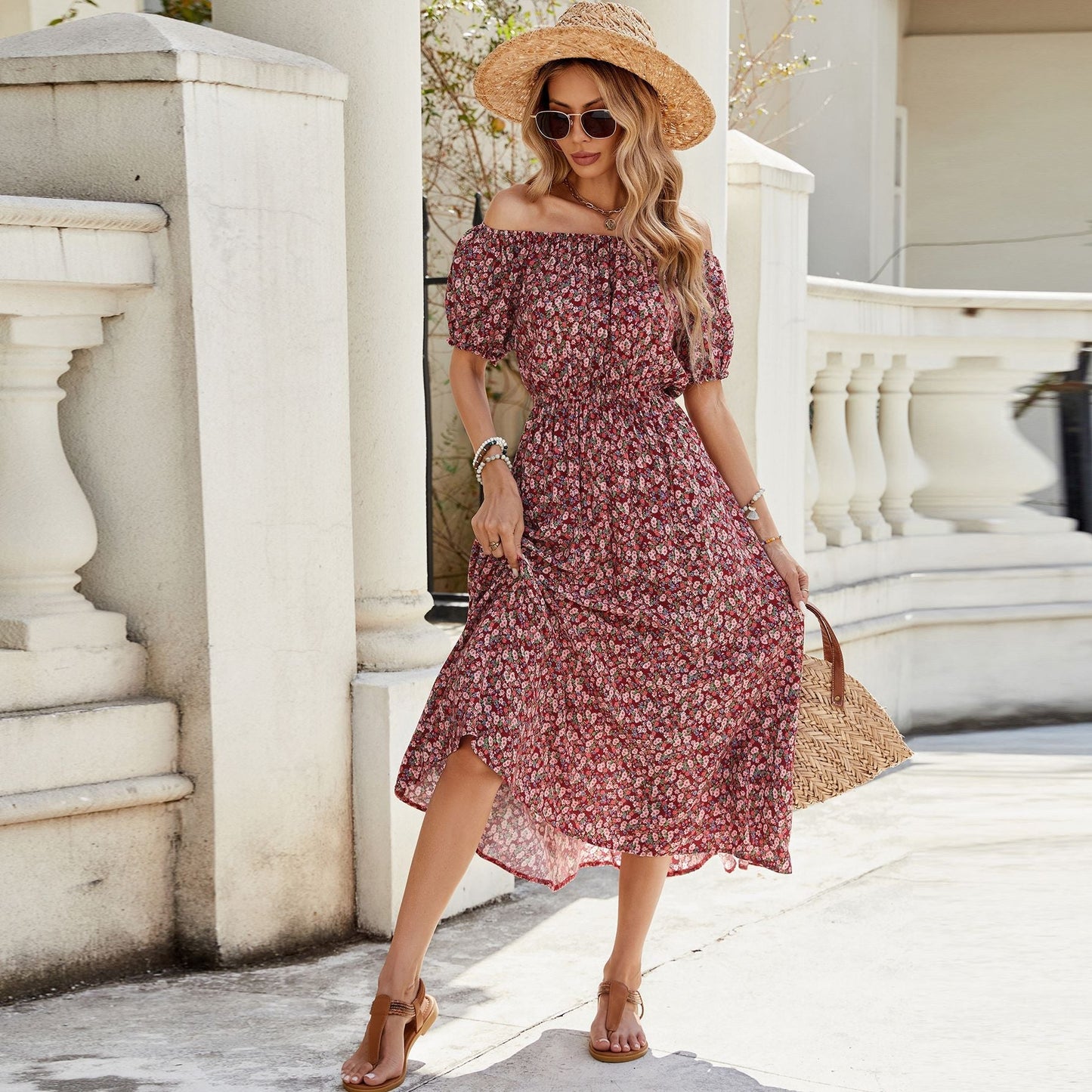 Floral off Shoulder Short Sleeve Retro Vacation Dress