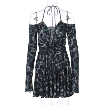 Pattern Print Long Sleeve Tether Halter Pleated Dress