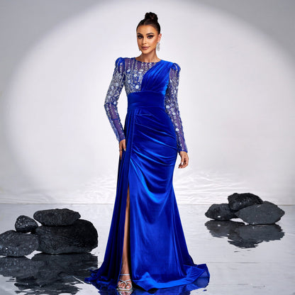 High End Long Sleeve Crew Neck Long Sequined Cocktail Heavy Work Evening Dress Bridesmaid Dress