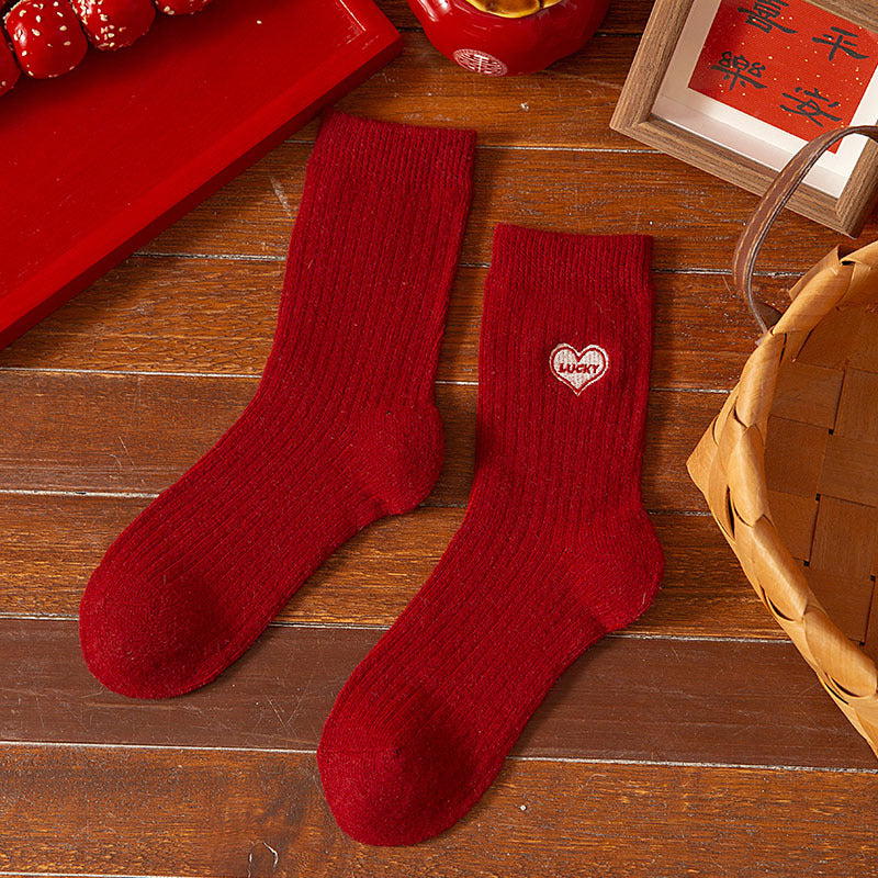 Thick Wool Red Cute Mid Calf Christmas Socks