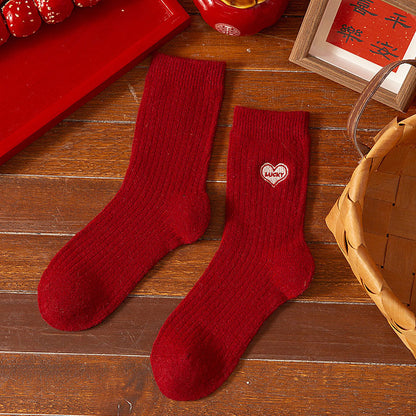 Thick Wool Red Cute Mid Calf Christmas Socks