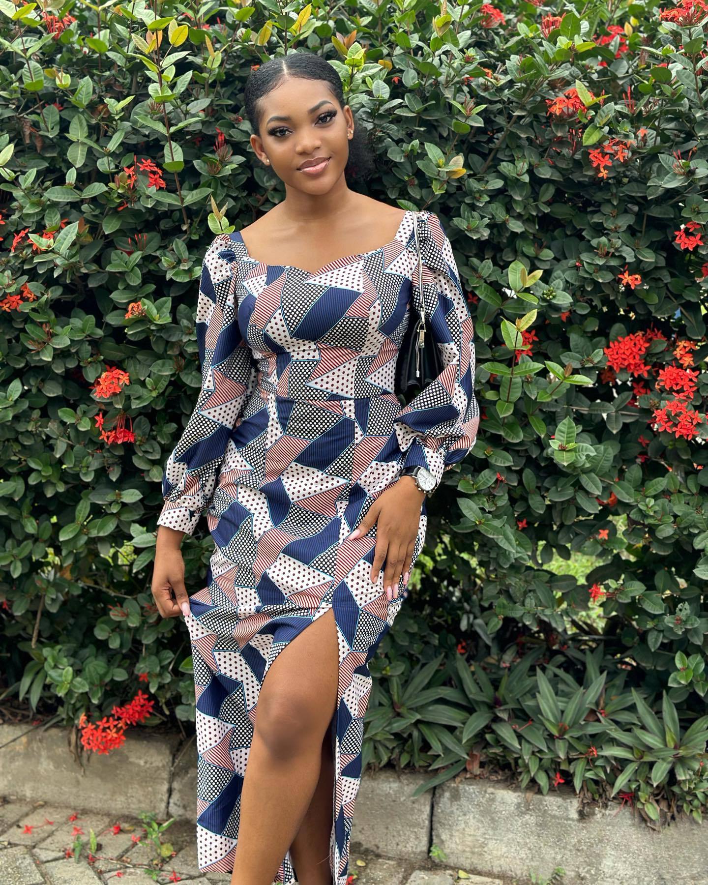 Blue Printed Plaid Simple Long Sleeve Slit Dress