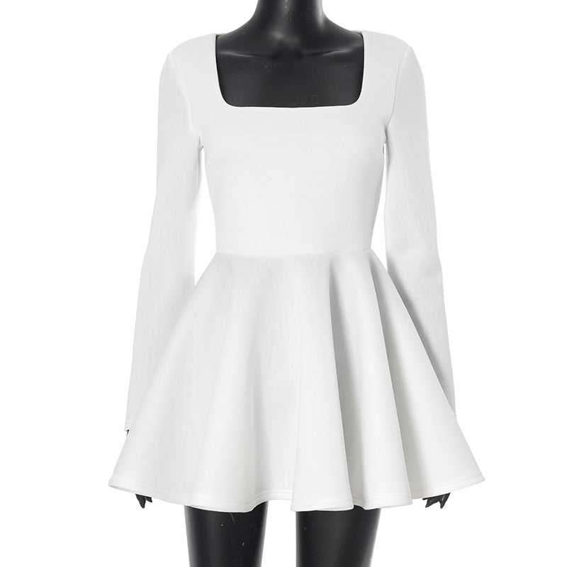 Square Collar Elegant Slim Fit Waist a Swing Casual Short Dress