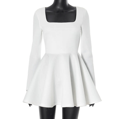 Square Collar Elegant Slim Fit Waist a Swing Casual Short Dress