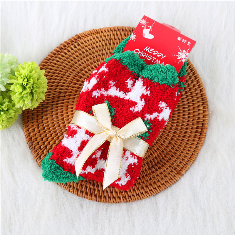 Coral Fleece Thick Bow Santa Tree Elk Christmas Socks