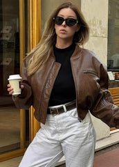 Rhea - Cropped Faux Leather Bomber Jacket