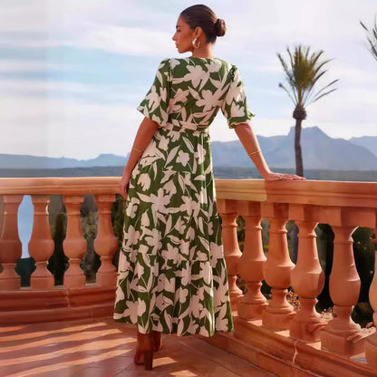 Casual V neck Printing Mid Length Dress