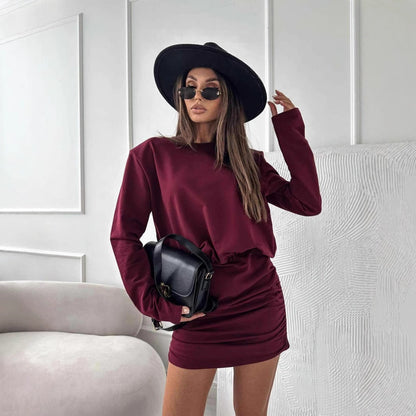 round Neck Long Sleeve Hip Leopard Print Dress