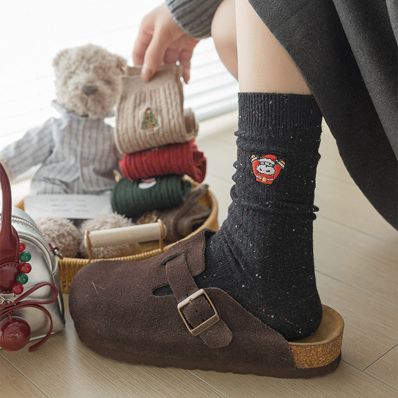 Cable Embroidered Mid Calf Christmas Socks