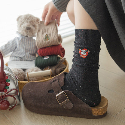 Cable Embroidered Mid Calf Christmas Socks
