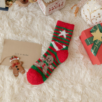 Thick Coral Fleece Cute Reindeer Snowman Christmas Socks