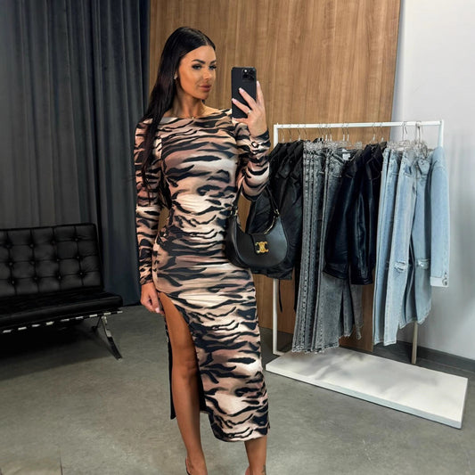 Slim round Neck Floral Print Slit Long Sleeve Dress Mid Length Hip Dress