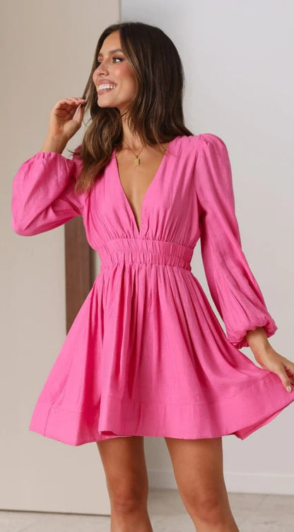 Slimming Deep V Plunge Fitted Waist Pleated Long Sleeve Dress
