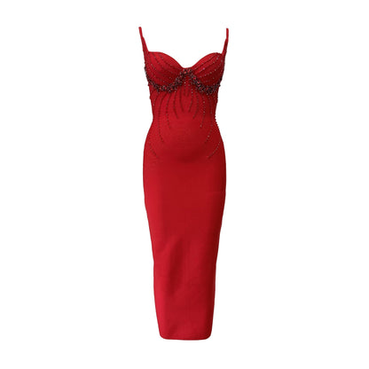 V neck Bead Diamond Strap Bandage Dress Ladies Party Annual Meeting Dress