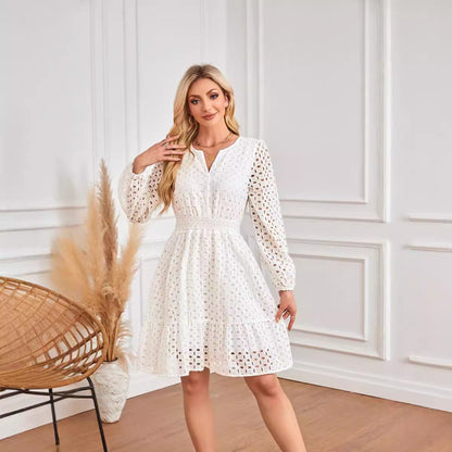 V Neck Hollow Out Cutout Eyelet Embroidery Pleated Long Sleeve Dress