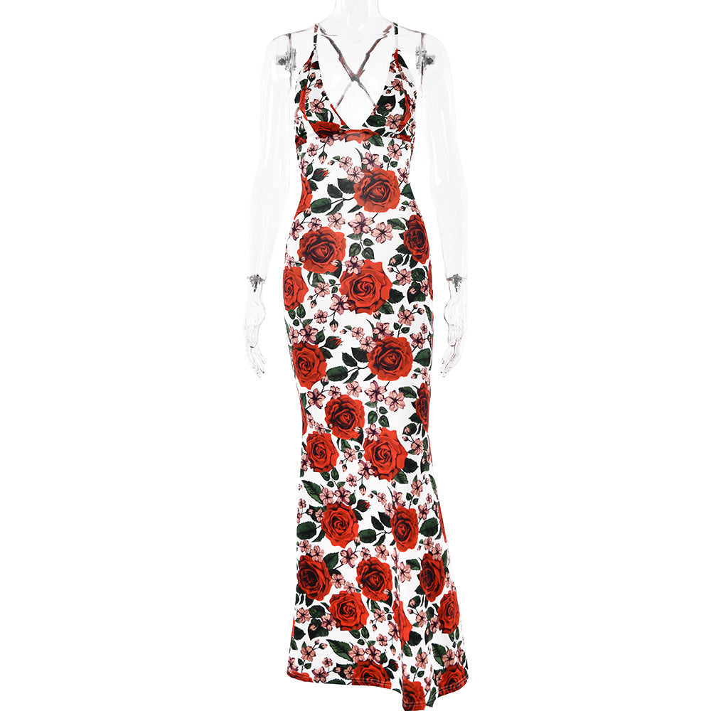 Spaghetti Straps Sleeveless Dress Printed Backless Slim Fit Dress