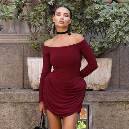 Solid Color off Shoulder Long Sleeve High Waist Short Dress
