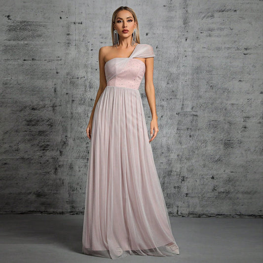 One Shoulder Evening Dress Adult Ceremony Ball Gauze Waist Slimming Elegant Dress Annual Party Evening