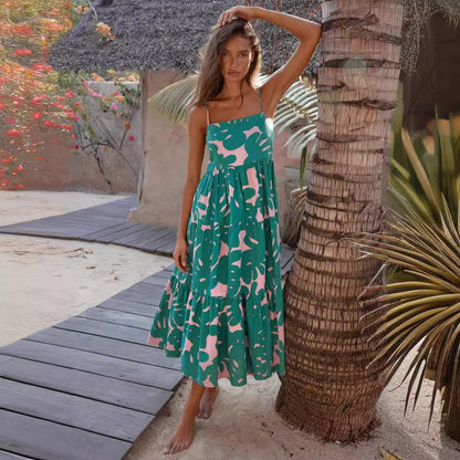 Sling Backless Plant Floral Print Maxi Dress