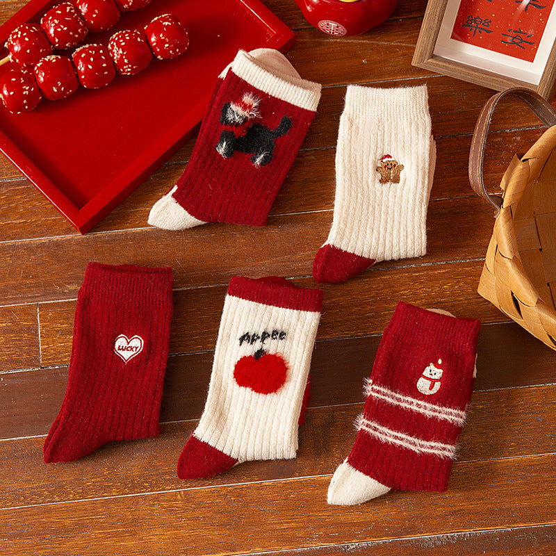 Thick Wool Red Cute Mid Calf Christmas Socks