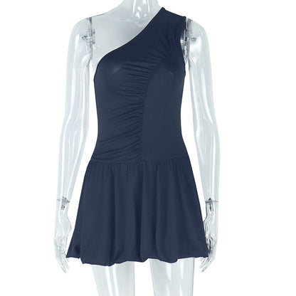 Elegant Irregular Asymmetric Shoulder Solid Color A line Diagonal Collar Sleeveless Ruffled Short Dress