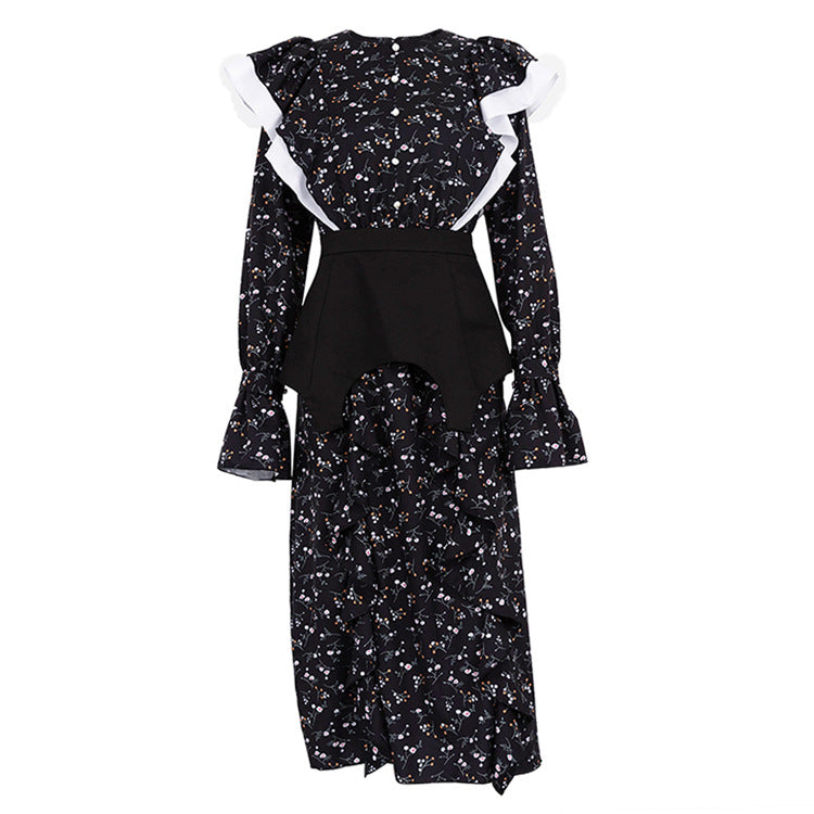 French Design Long Sleeve Dress Detachable Waist Seal Casual Floral Dress