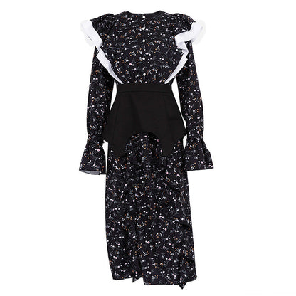 French Design Long Sleeve Dress Detachable Waist Seal Casual Floral Dress