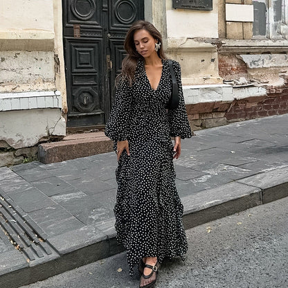 Retro V neck Puff Sleeve Polka Dot All Matching Long Sleeve Ruffled Elegant Slim Fit Slimming