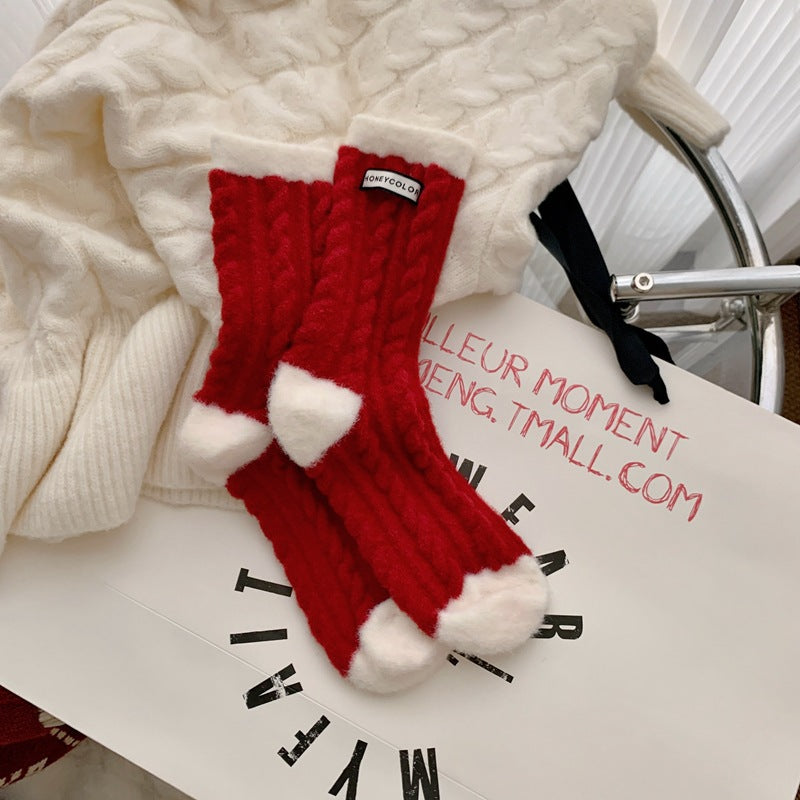 Red Striped Cashmere Blend Warm Mid Calf Christmas Socks