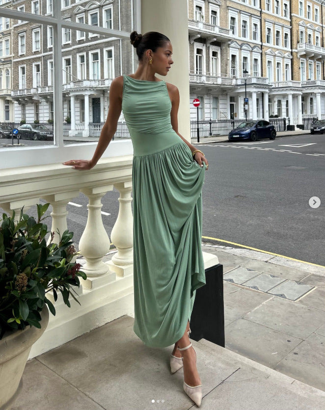 Sleeveless Pleated Slim Fit Waist Controlled Solid Color