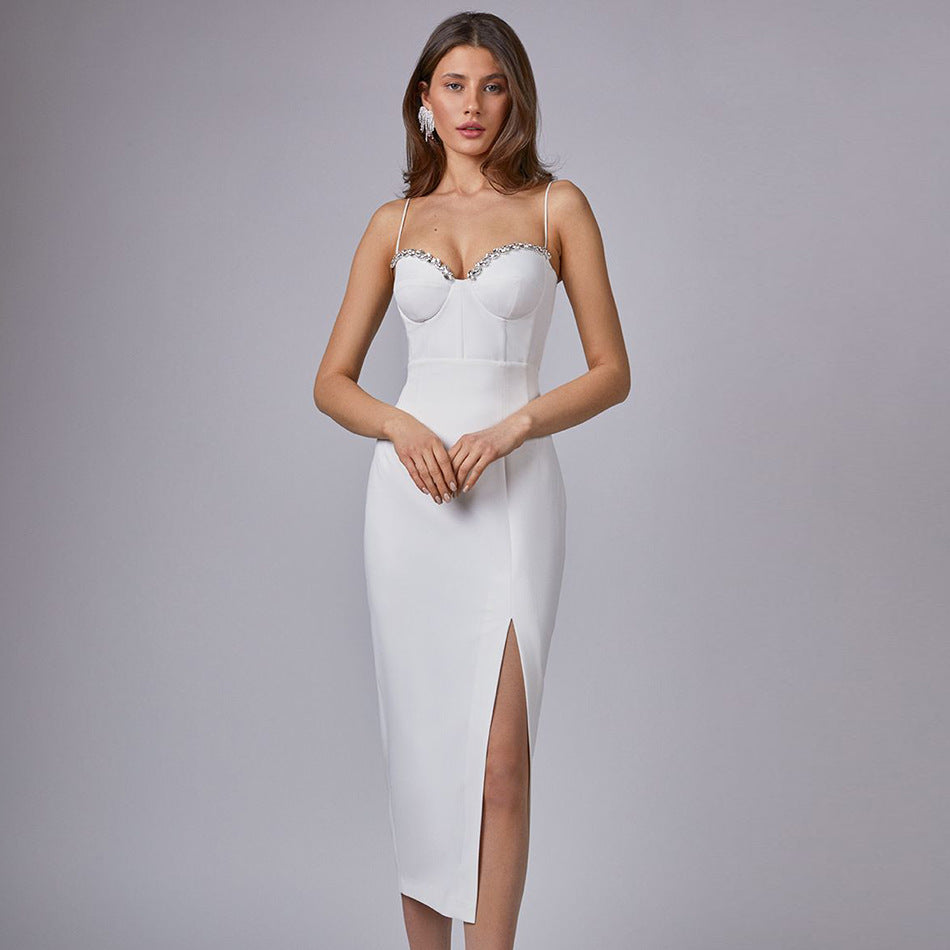 Sleeveless Mid-Waist White Solid Color Sling Simple Dress Metal Corsage Annual Party Evening Dress