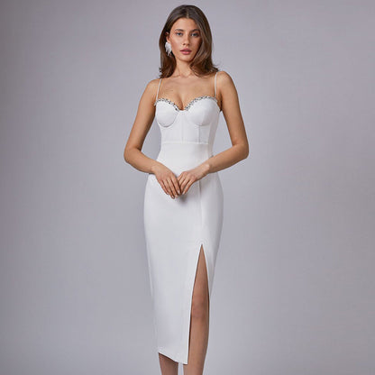 Sleeveless Mid-Waist White Solid Color Sling Simple Dress Metal Corsage Annual Party Evening Dress