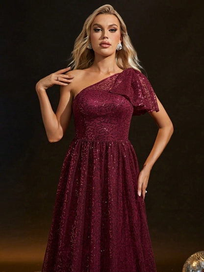 Sequined One Shoulder Evening Dress Bride Wine Red Toast Dress Adult Ceremony Party Dress Slim Fit Annual Party Evening