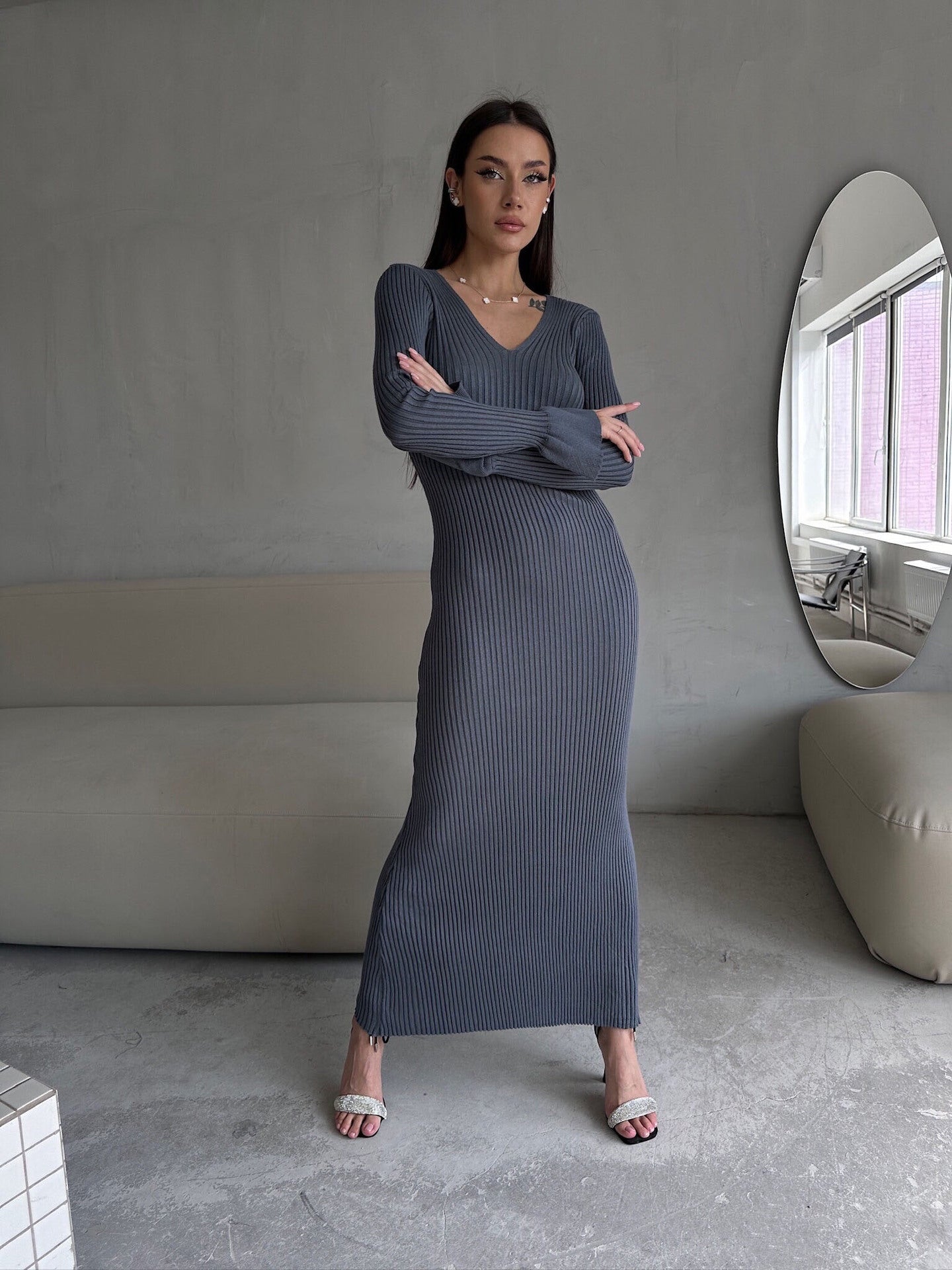 Long Sleeve V neck Tight Knitted Dress Solid Color Rib Fabric Wool Long  Dress