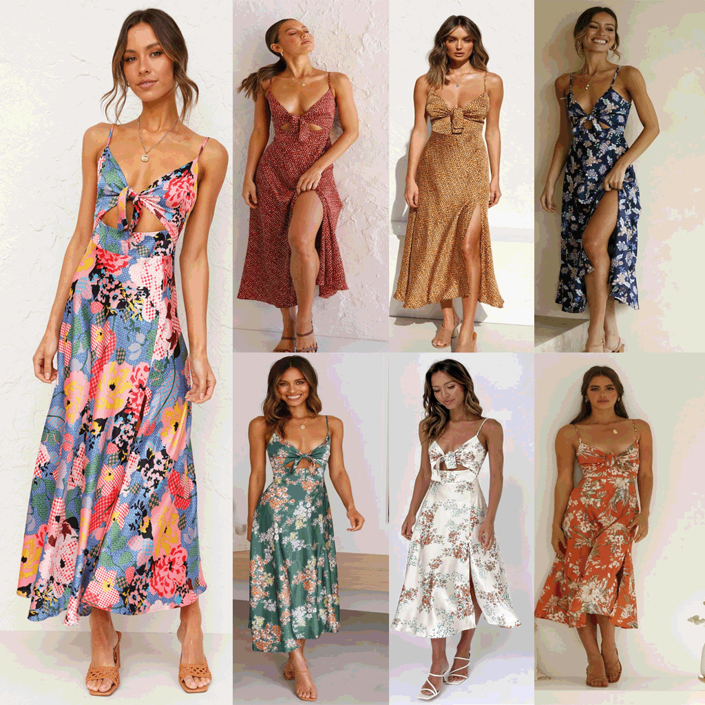 Sundress Small Maxi Floral Print Fresh Sweet Spaghetti-Strap Dress